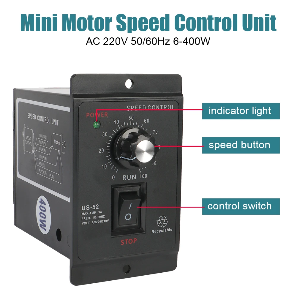 AC 모터 속도 컨트롤러, 400W AC 220V 속도 핀포인트 레귤레이터, 정방향 역방향 50Hz, 60Hz 모터 거버너 제어 유닛