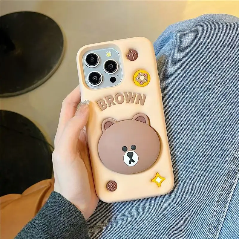 Adorable 3D Brown Bear Silicone Phone Case with Stand Holder