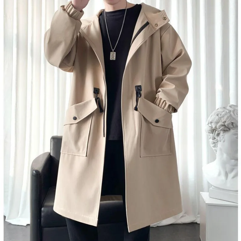 Korean Style Spring Trench Coat Hooded Loose Big Pockets Windbreaker Windproof Men Daily High Street Overcoat Men Clothes