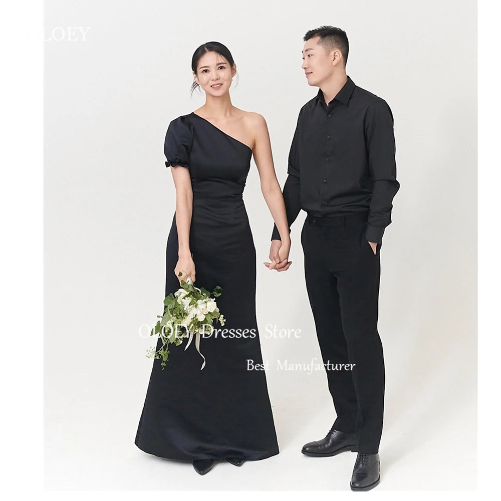 

OLOEY Simple Black Mermaid Evening Dresses Korea Wedding Photoshoot Short Sleeve One Shoulder Satin Formal Occasion Party Dress