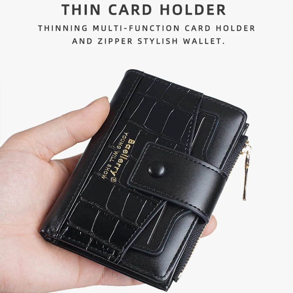 Baellerry Women's Ultra-Thin Short Wallet, Crocodile Pattern Leather, Metal Buckle Design, Simple and Stylish Card Holder