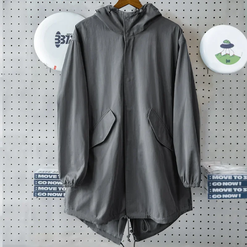 Maden Retro Gray M51 Windbreaker Hooded Jacket Fish-tail Hem Print Parka Long-length Overcoat for Men Spring and Fall Outerwear