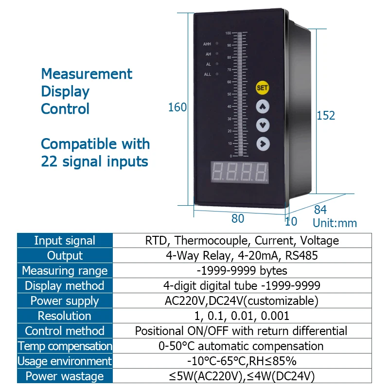 액체 레벨 표시기 측정 디스플레이 제어 기기, 4 방향 릴레이, 4-20mA RS485 출력, AC220V, DC24V 수위 컨트롤러