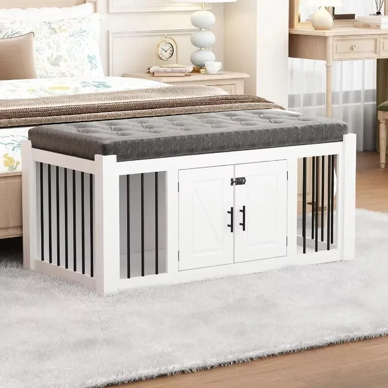 Dog Crate Furniture for Large Dogs,End of Bed Bench Ottoman with Cushion, Indoor Furniture Style Dog Crate House , White 1