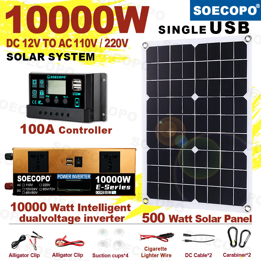 10000W Solar Kit 500W Panel 100A MPPT Controller DC Cable 12V/24V to 220V/110V Inverter for Camping Emergency CE Certified solar panel kit