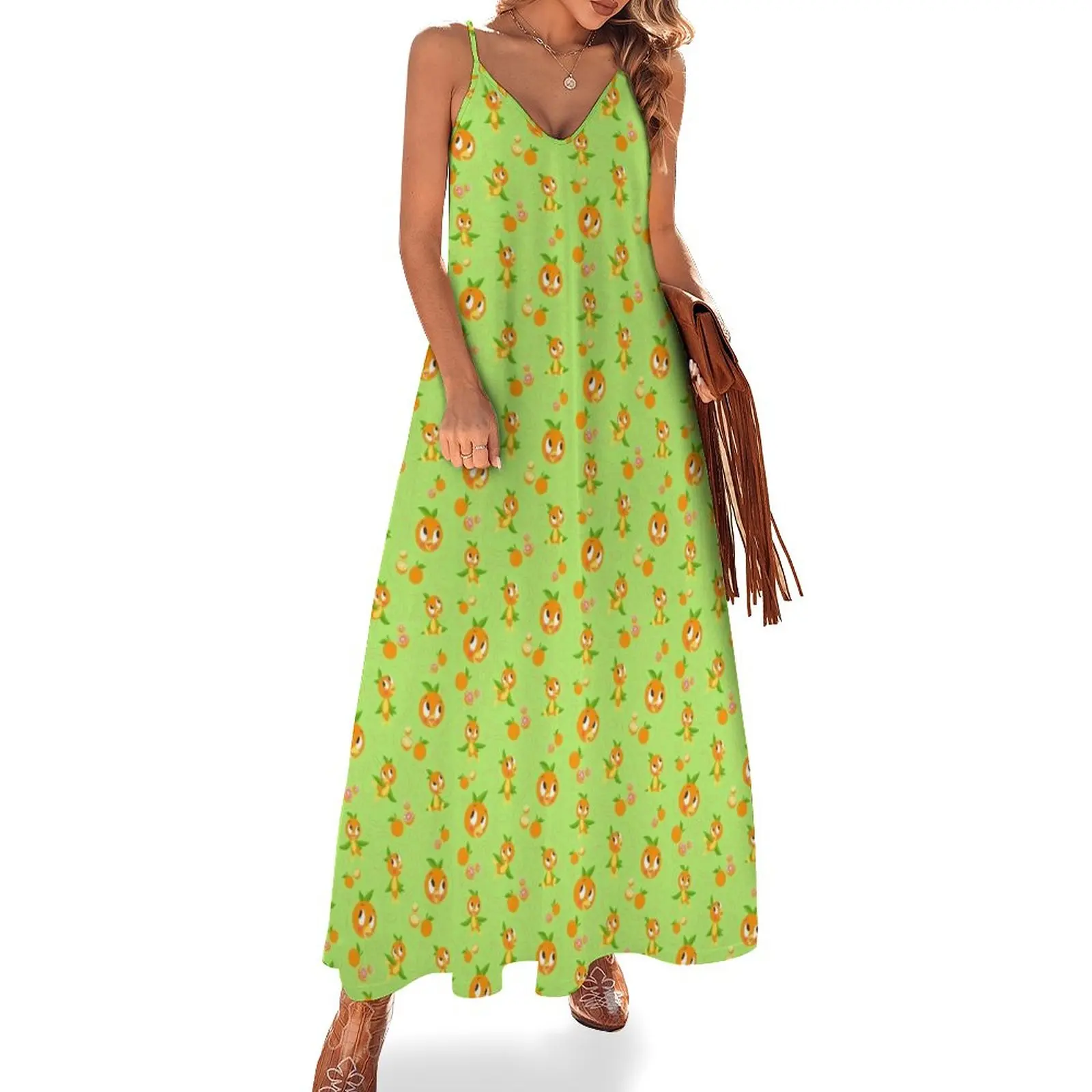 

Hello Sunshine! - Orange Bird (green background) Sleeveless Dress women's evening dresses Women dresses summer