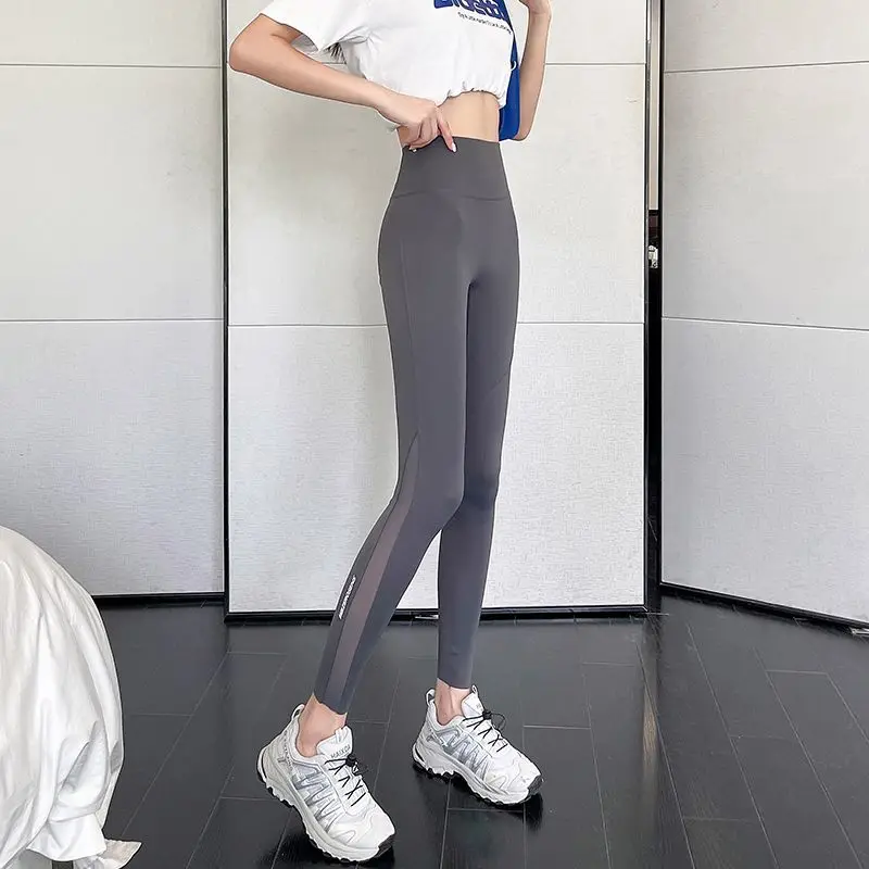 Minimalist Commute Summer Bodybuilding Leggings Women's Solid Spliced Gauze Letter Pockets Elastic High Waisted Yoga Tight Pants