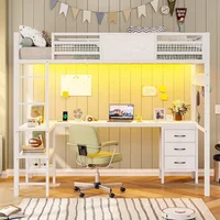 Loft Bed Twin Size with L-Shaped Desk, LED Lights,Charging Station, Twin Metal Loft Bed Frame with Fabric Drawers & Shelve 2