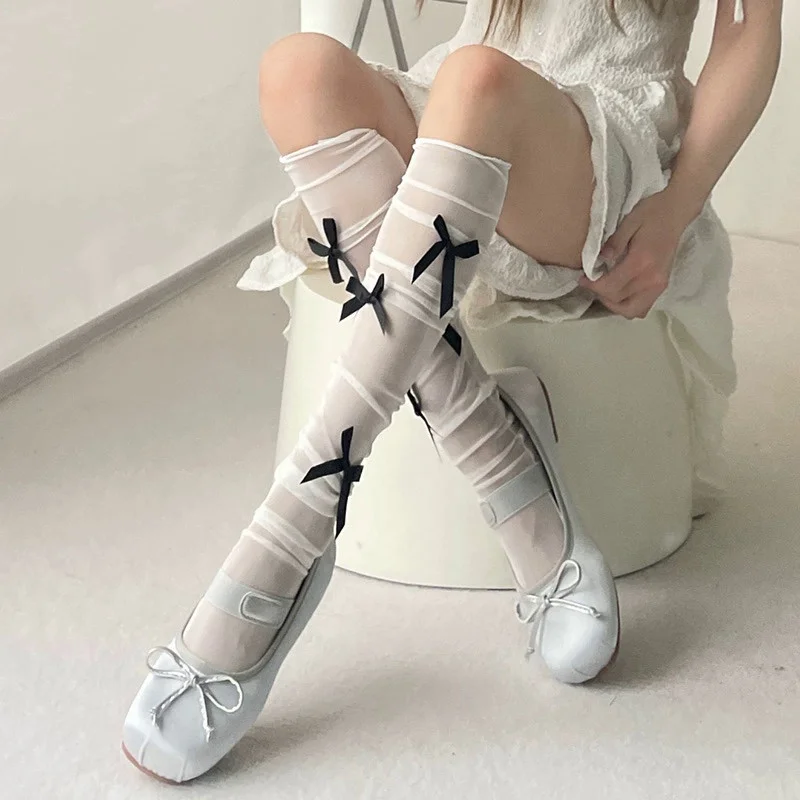 Frauen sexy Band Bogen Socken lange Rohr kniehohe Lolita weiße Strümpfe dünne Stapel von Socken Abschnitt Mesh reine Wunsch Spitze Strumpfwaren – Detail 4