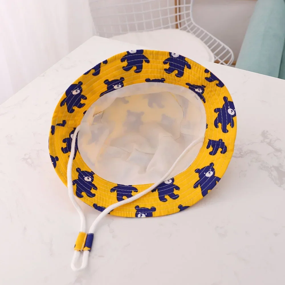 Spring Summer Cute Cartoon Thin Breathable Kids Bucket Hats Unisex Baby Sun Hats with Windproof Rope for Children Outdoor Caps