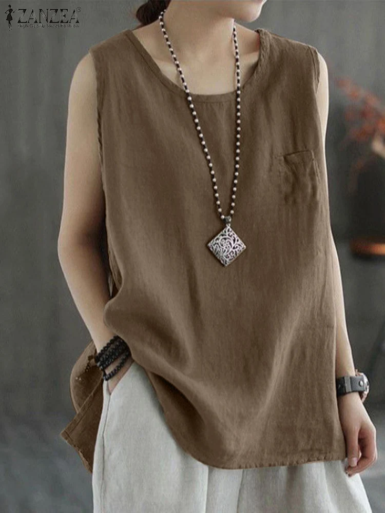 

2023 ZANZEA Vintage Sleeveless Blouse Summer Casual Loose Shirt Female Solid Tanks Tops Women Cotton Chemise Oversize Blusas
