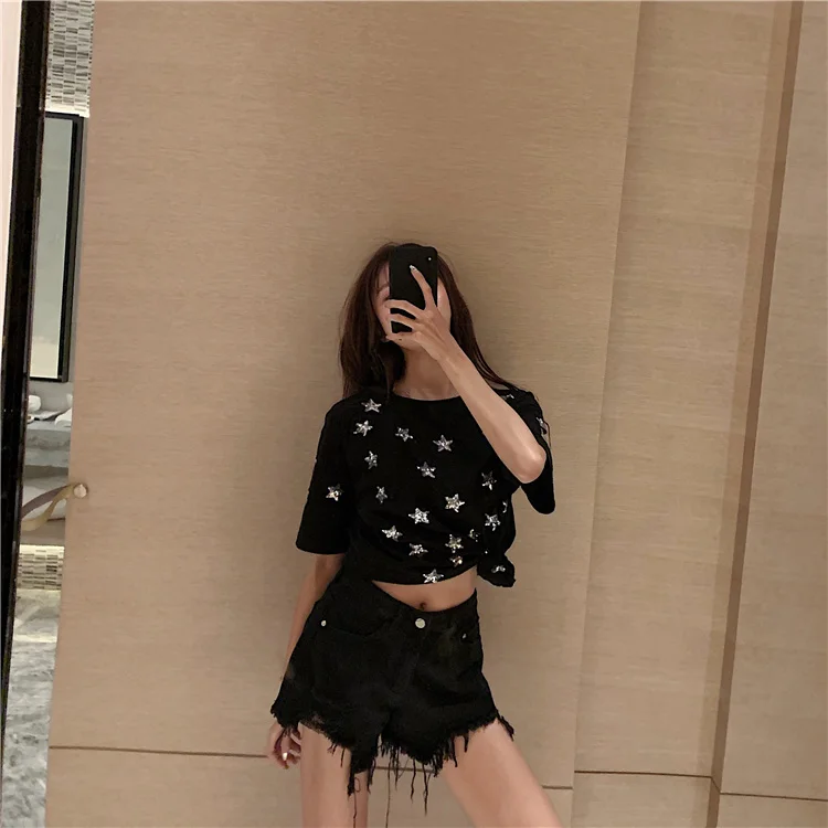 2022 Spring Women's Jeans New Fashion High Waist Straight Pockets Loose hole wide leg Short Denim Pants Female Tide 17A418 maternity shorts