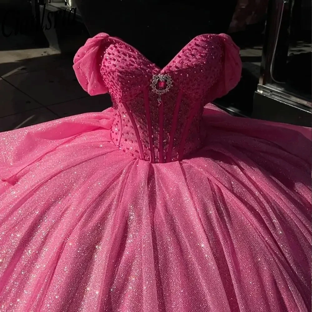 

Pink Glitter Crystal Pearls Beading Ball Gown Quinceanera Dresses Off The Shoulder Bow Sweet 16 Vestidos De 15 Anos