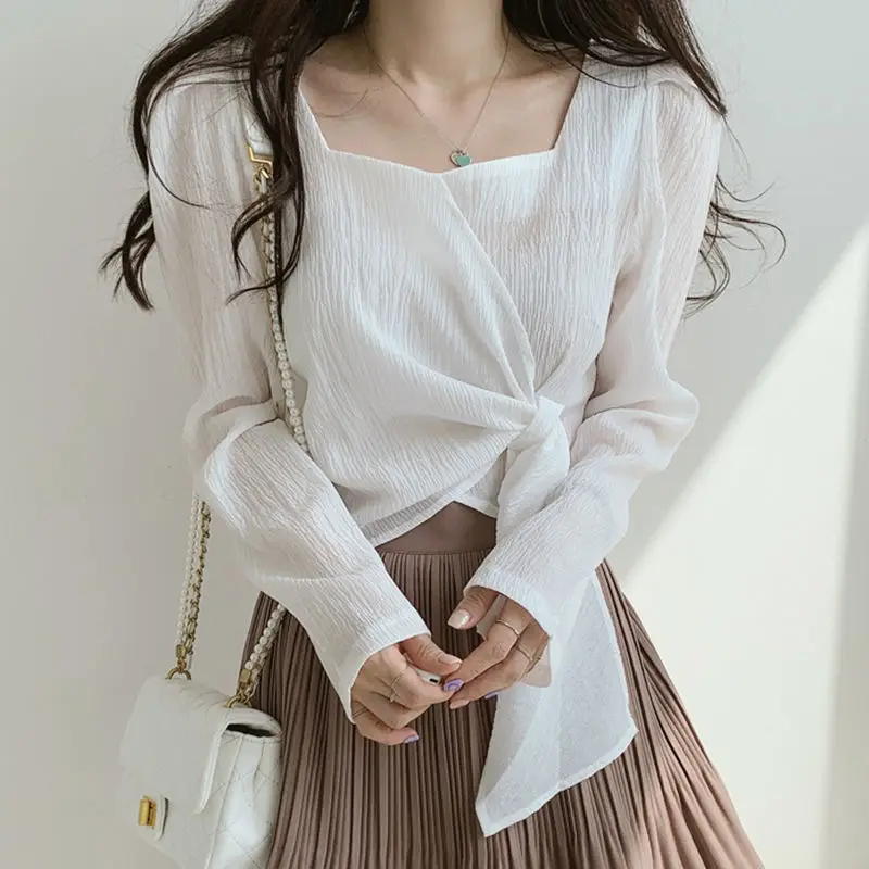 Tops for Women Elegant Social Clothes Korean Style Womens Shirt & Blouse Spring Long Sleeve White Chic Streetwear S Pretty Cute