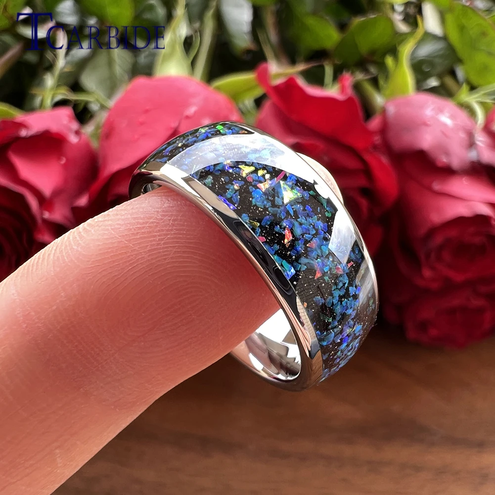 8mm Black Tungsten Engagement Wedding Band Men Women Ring Galaxy Series Opal Inlay Dome Polish Fashion Gift Jewelry Comfort Fit
