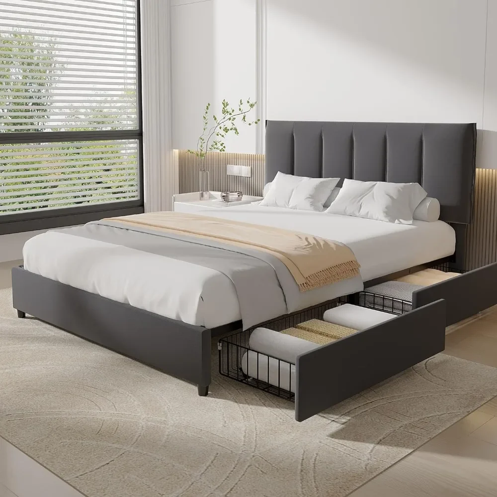 

Full Size Bed Frame with 4 Storage Drawers and Adjustable Velvet Headboard, Heavy-Duty Platform Bedframe, Bed Frame