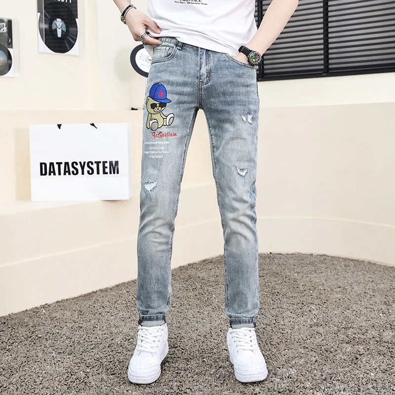 2024 new jeans men's thin section light grey fashion brand doll embroidery Slim men's trousers casual elastic streetwear Clothin