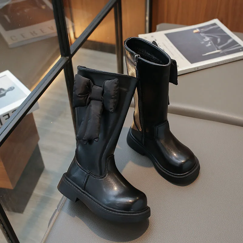 

2023 New Girls High Boots Big Bow Versatile Black Children Fashion Casual Leather Boots Drop Shipping Kids Boots Spring Autumn