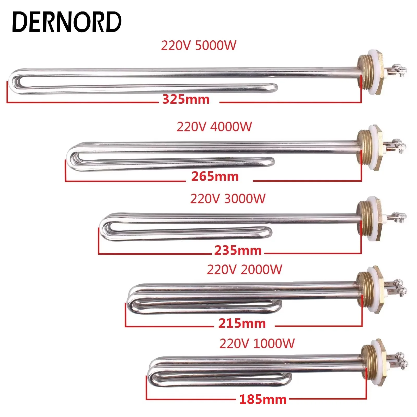DERNORD 1kw 2kw 3kw 4kw 5kw 1 "BSP U ประเภท AC ไฟฟ้าพับกลับองค์ประกอบความร้อน 220V ทองเหลืองหน้าแปลนเครื่องทําน้ําอุ่นแช่ 1