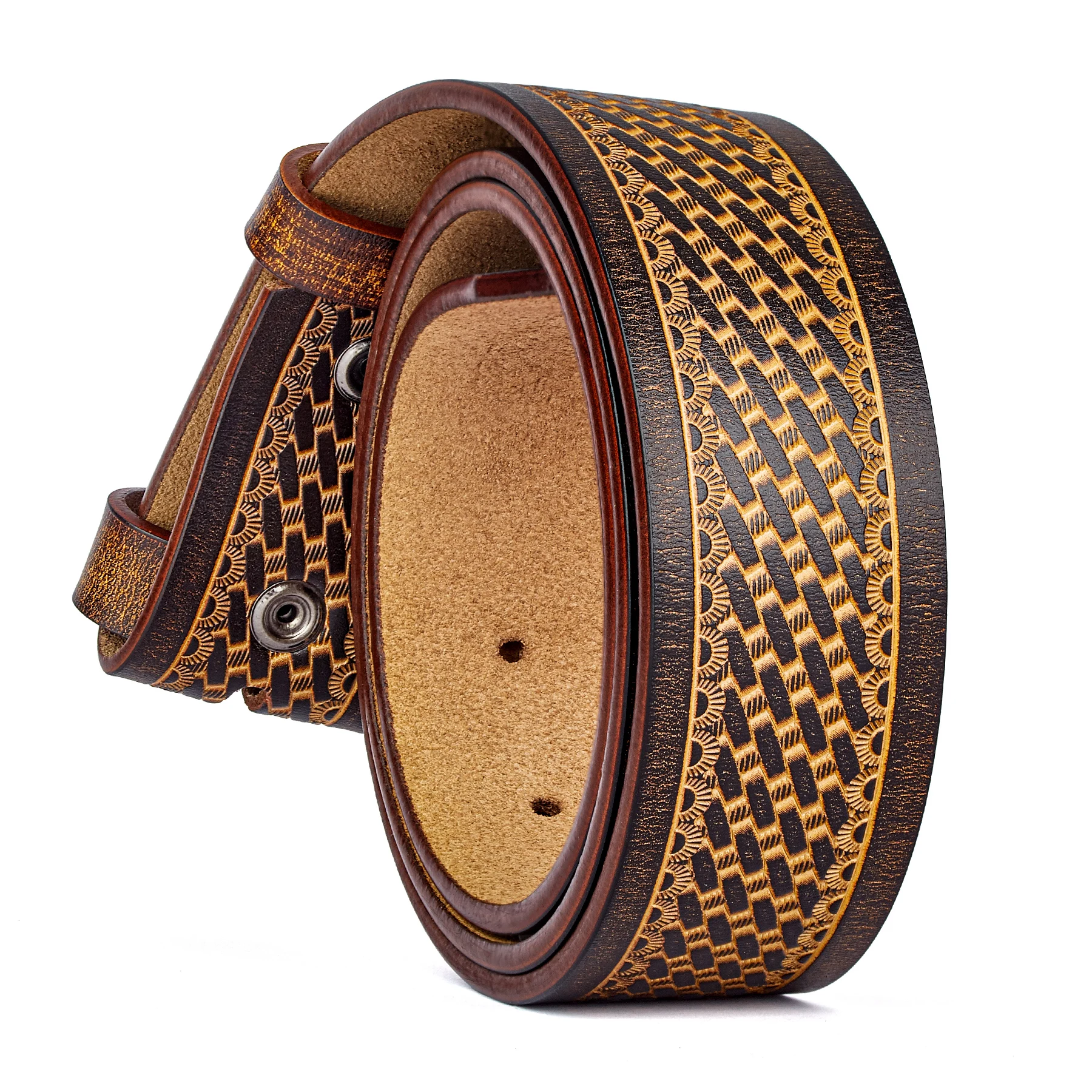 2024 Western Belts Without Buckle for Men without Buckle Two Layer Embossed Cowhide No Buckle Pin Buckle Strap Male Cowboy Belt images - 6