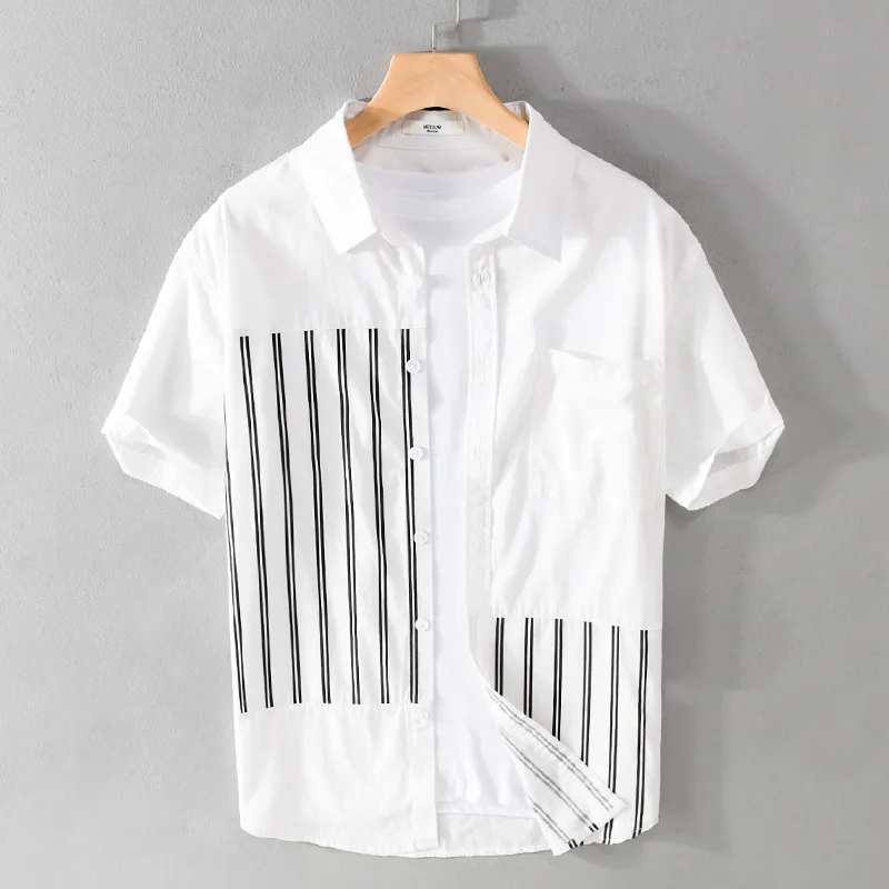 

Summer Men Casual Striped Short Sleeved Shirt Fashionable Loose Patchwork Contrasting Colors Youth Trend Versatile Shirt