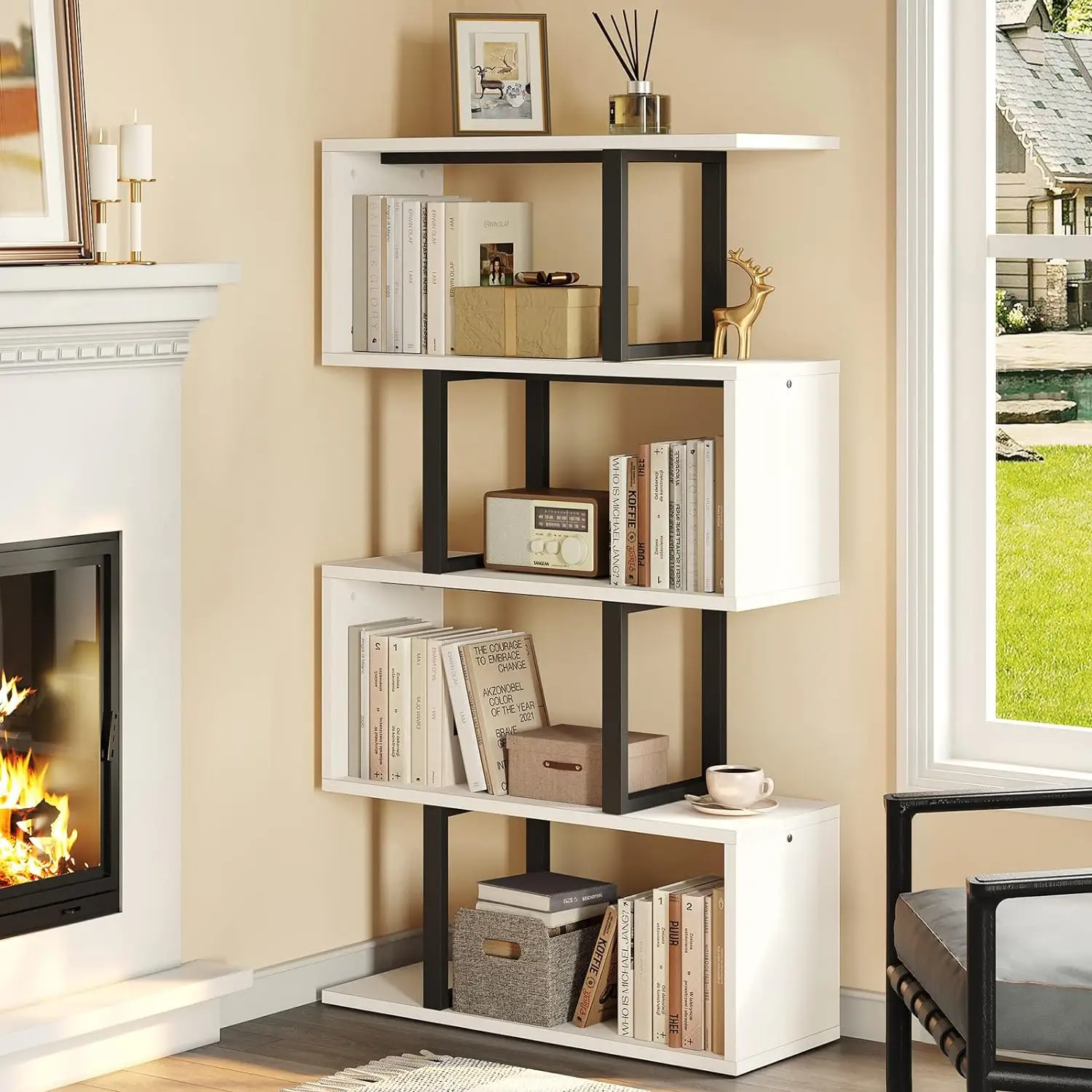 

5-Tier Bookshelf,Modern Freestanding Multifunctional Decorative Storage Shelving for Living Room Home Office, Cream White