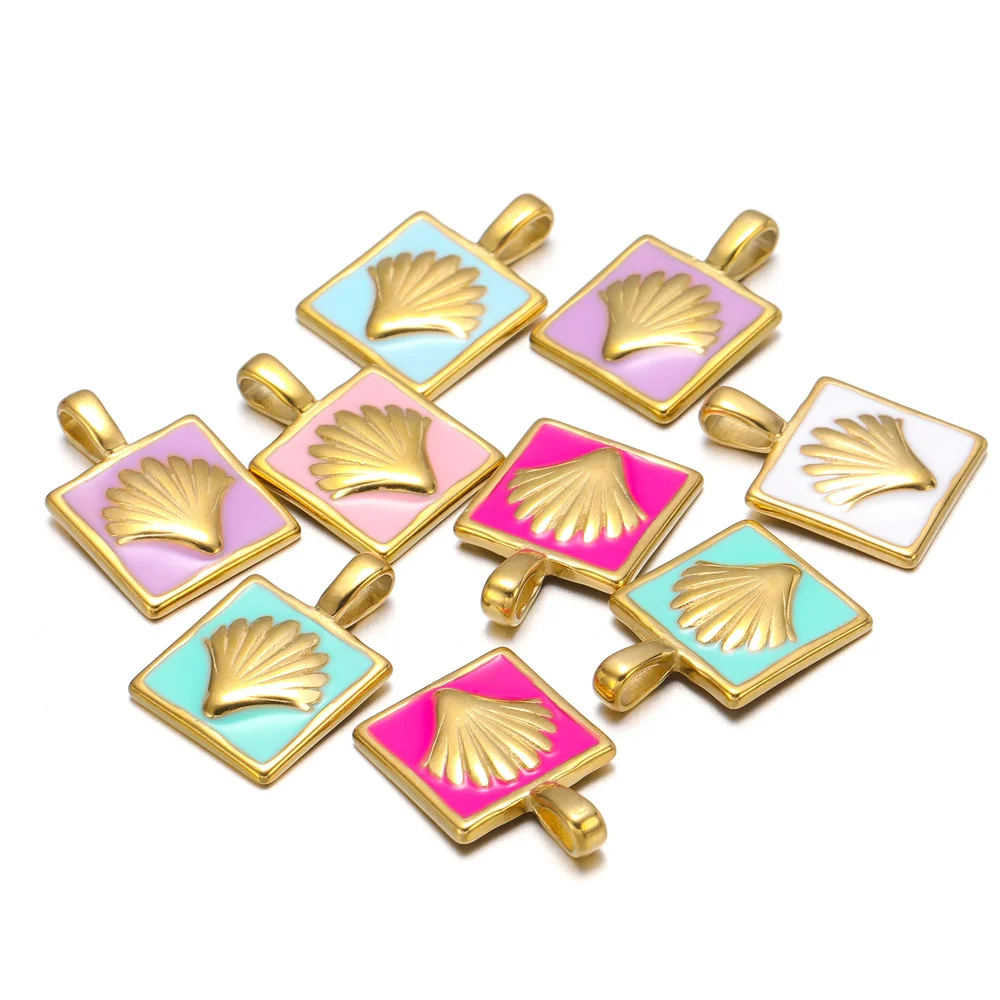

5pcs Stainless Steel Enamel Flower Square-shaped Charms for DIY Earrings Necklace Jewelry Making Pendant Supplies