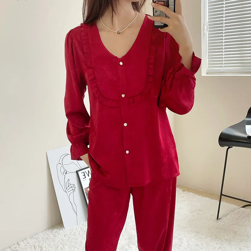 

Spring Autumn Fashion Long Sleeve Trouser Pyjama Pour Femme Satin Jacquard Pajamas Set French Style Loose Homewear Lounge Wear