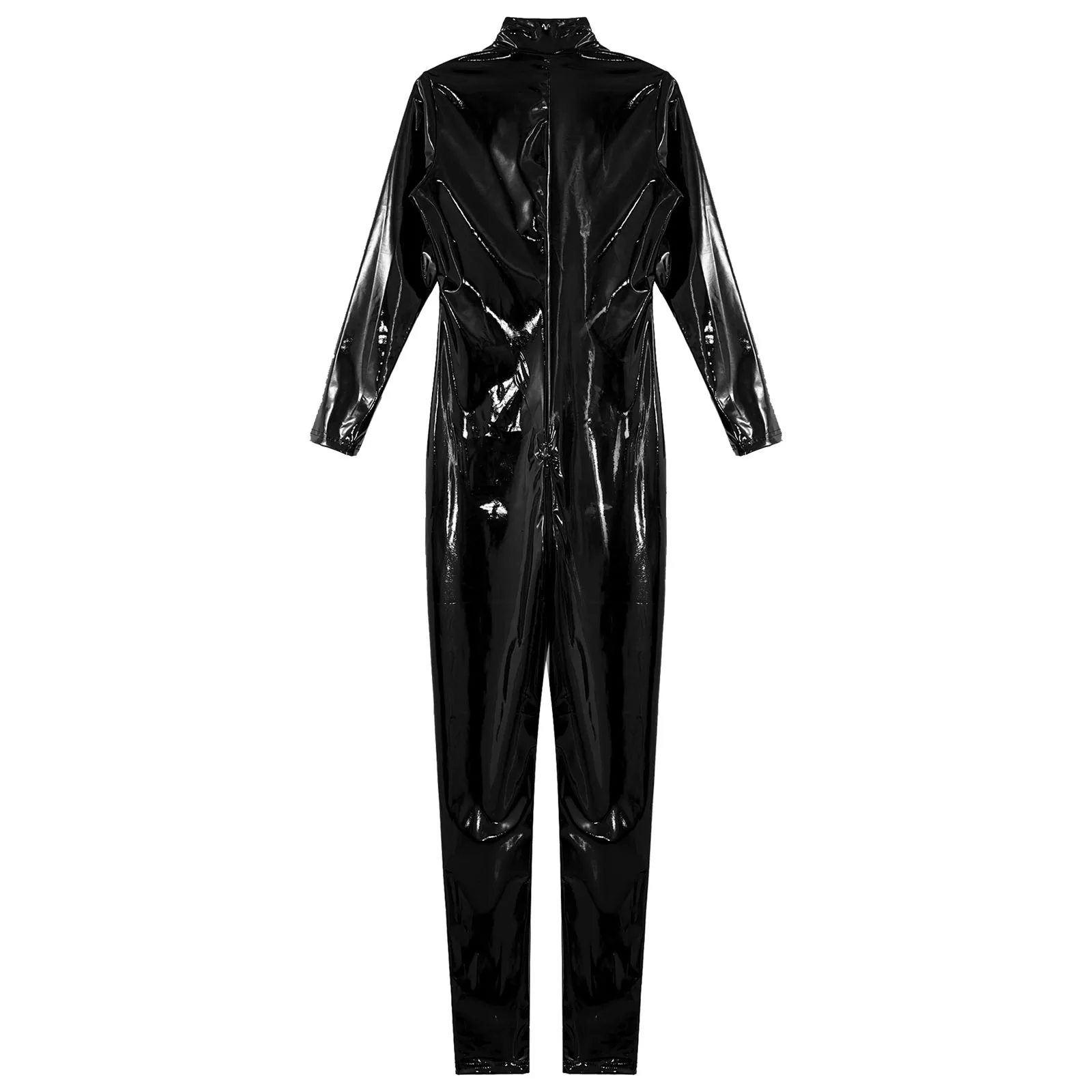 Mens Patent Leather Bodysuit Full-body Zipper Crotch Jumpsuit Stand Neck Long Sleeve Catsuit Party Clubwear Wet Look Punk Show 5
