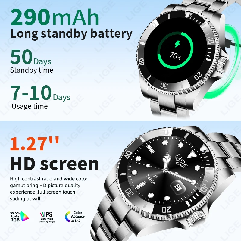 LIGE Men's Luxury Full Steel Smartwatch Bluetooth Call Voice Assistant Message Man Wristwatch 100+ Sports Sleep Monitor Watches