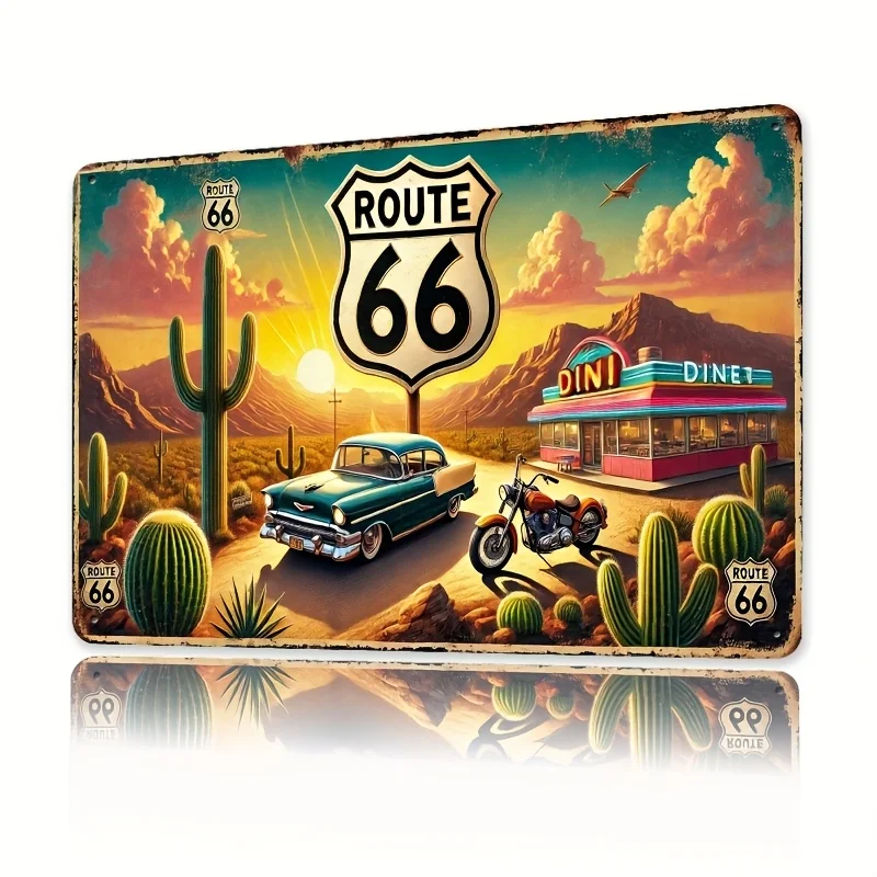 Vintage Route 66 Metal Sign - Retro Car & Motorcycle Wall Art with ...