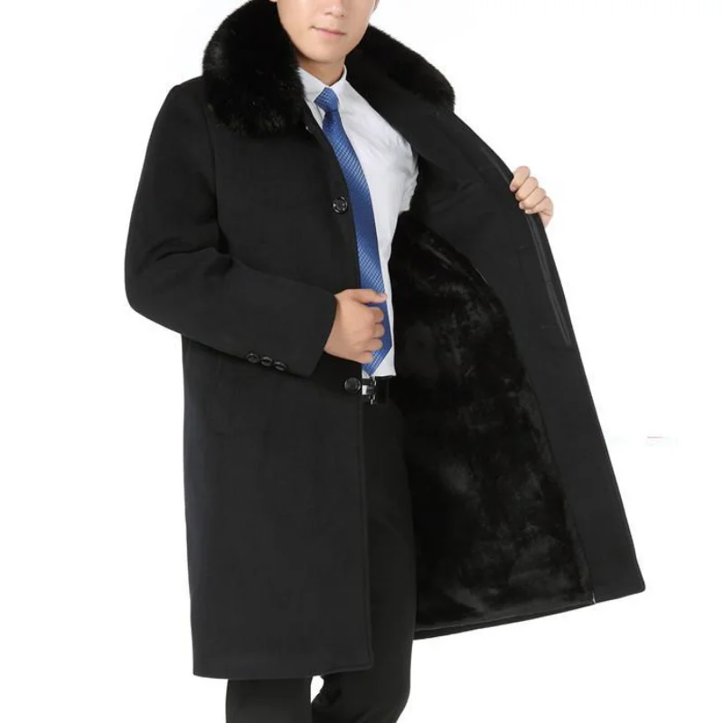 

New Arrival Fashion Men Winter Long Jacket Thickened Overcoat Fur Collar Casual Covered Button Plus Velvet Size M L XL XXL XXXL