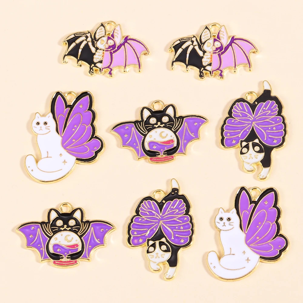 10 Stück Cartoon Emaille lila Flügel Katze Schädel Charme für Schmuck machen DIY Tier Ohrringe Anhänger Halskette Halloween Zubehör