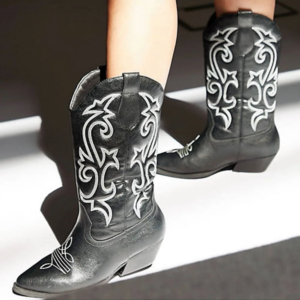 ChunkyhighHeelsMidcalfWomenWesternBoots2023WinterEmbroider