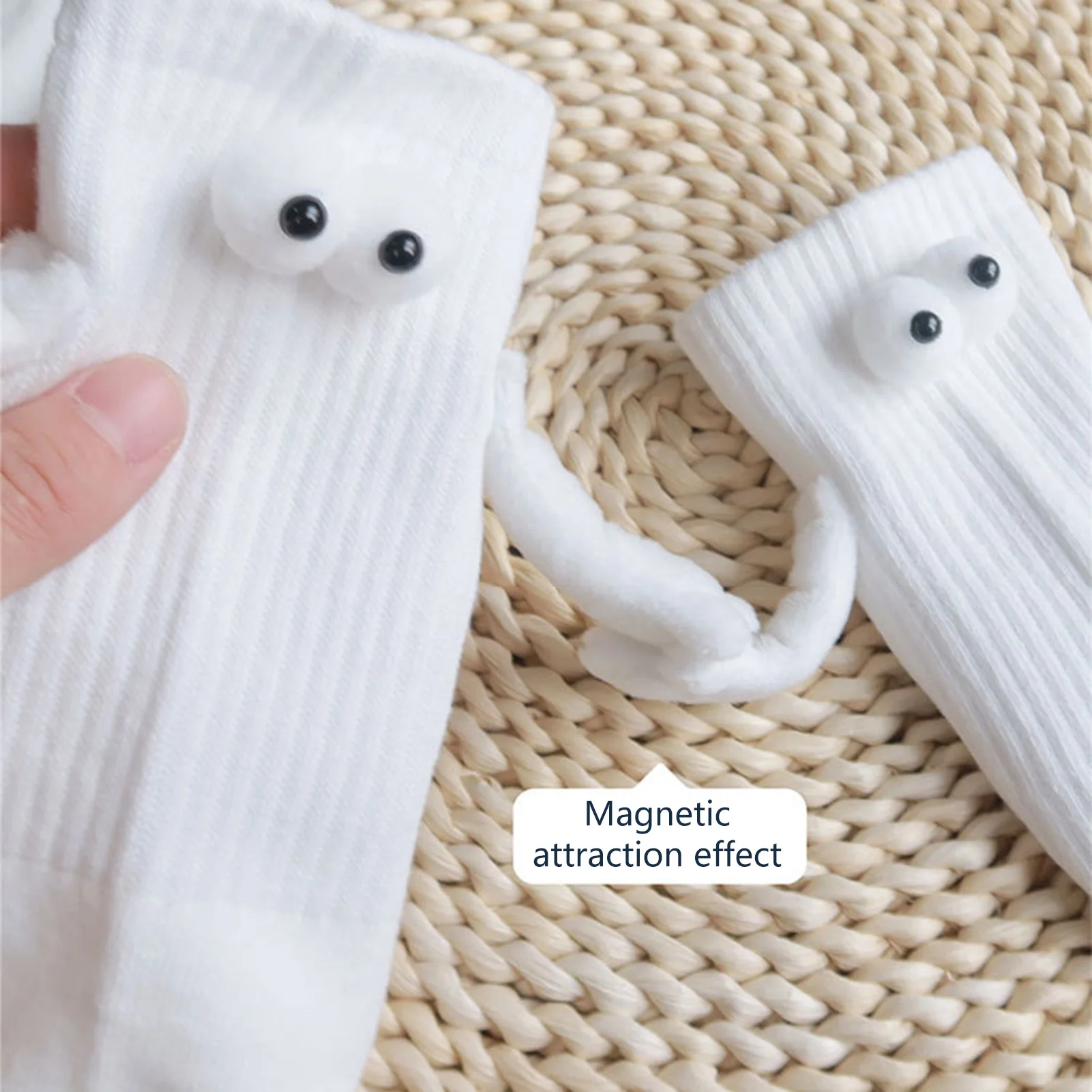 1 Pair Magnetic Socks With Hands Women Men Fashion Black White Funny Cute Cartoon Eyes Couple Mid-tube Socks for Gifts