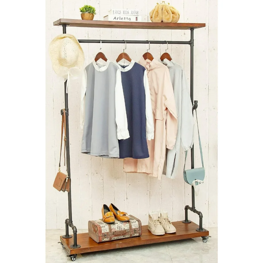 Sturdy Industrial Style Clothing Rack with Lockable Wheels, Storage Shelves, and Shoe Rack for Heavy Duty Use