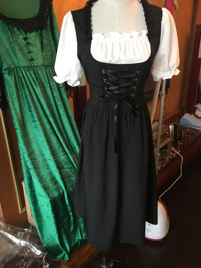 Maid Costume Black Dirndl Renaissance Dress Adult Women Oktoberfest Festival Puff Sleeves Lace Up Biergarten Lady Plus Size