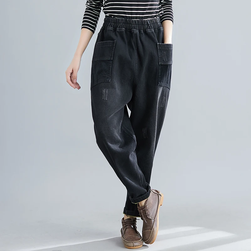 

Женские хлопковые джинсовые брюки до щиколотки, свободные шаровары составного кроя с эластичным поясом и карманами, модель V779 на весну и осень, 023