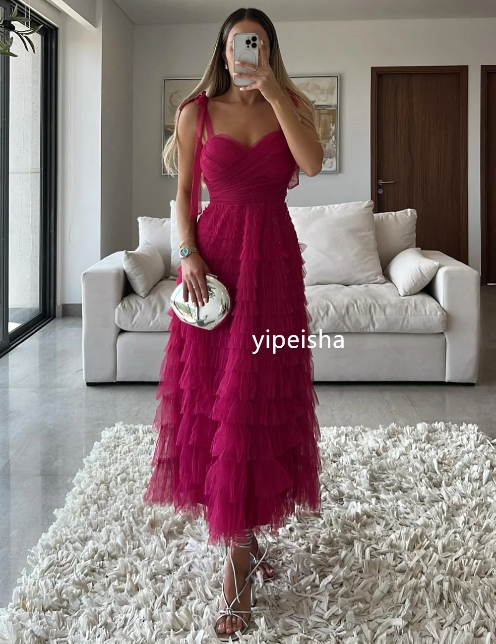 High Quality Tulle Pleat A-line Sweetheart Midi Dresses Cocktail Dresses Fashion Elegant Modern Style Simple Intricat