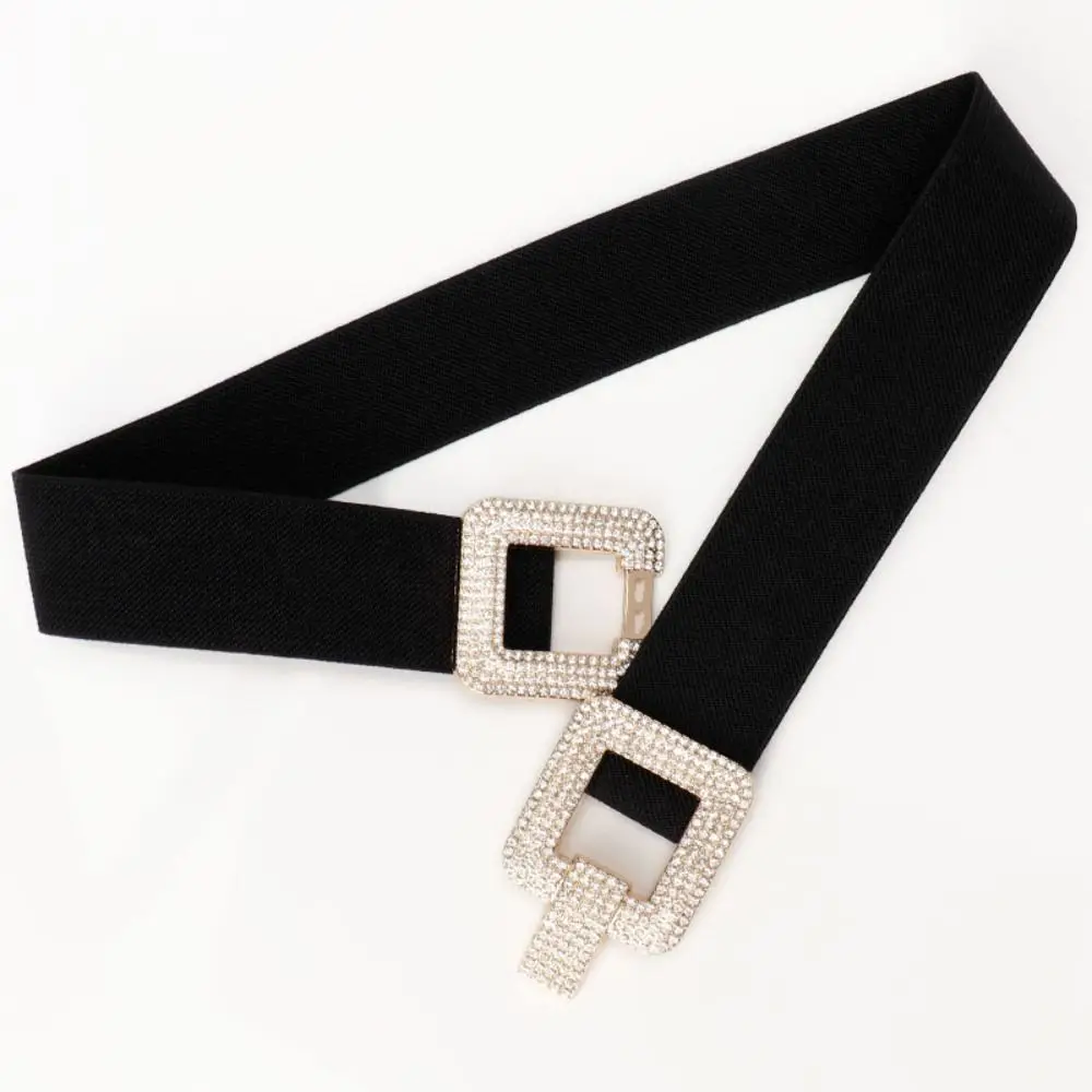 Exquisite Wide Stretch Waistband Solid Color Casual Waist Strap Rhinestone Buckle Waist Belts Clothing Decoration