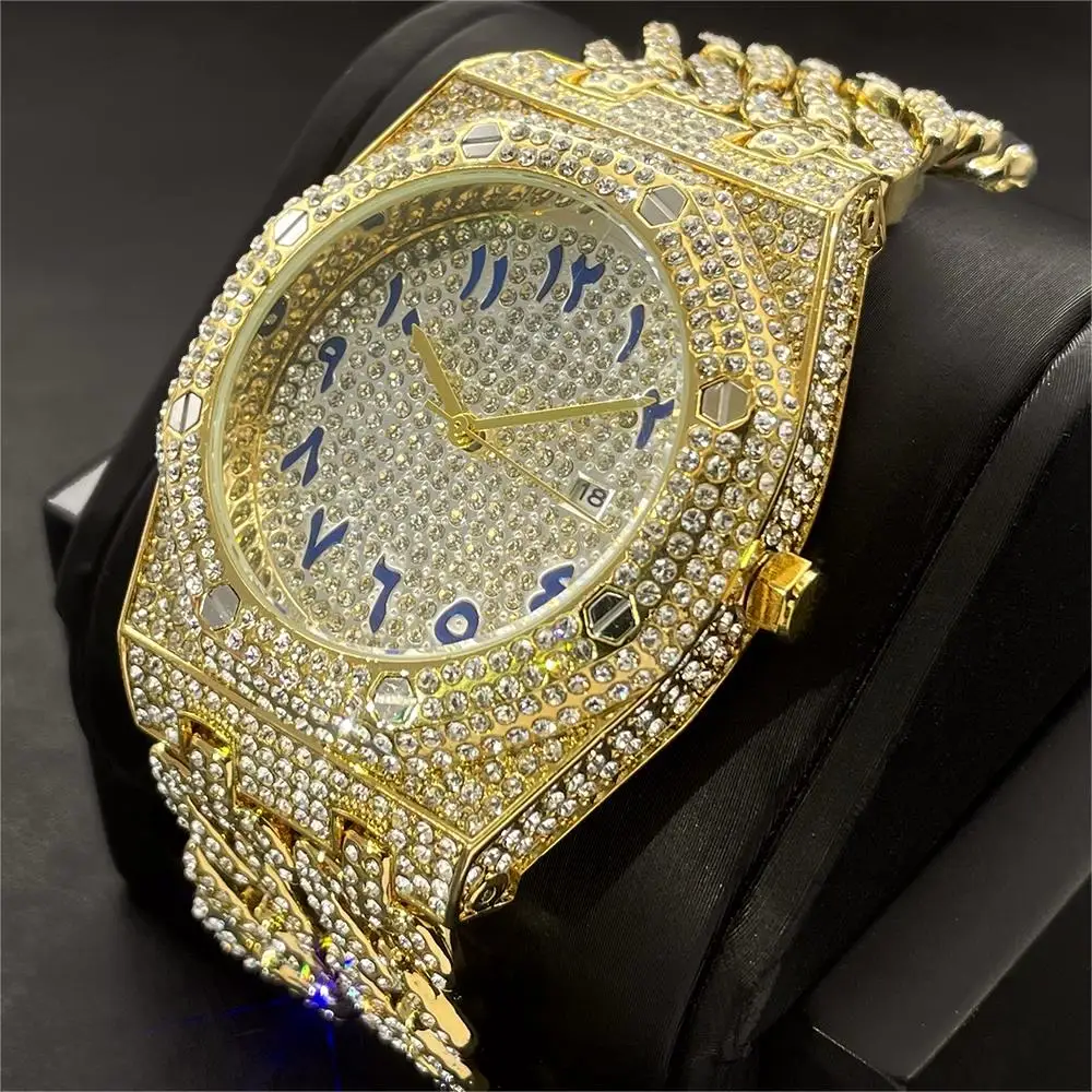 

2024 Luxury Iced Out Watches Mens Brand MISSFOX Steel Cuban Chain Quartz Clock Fashion Hip Hop Man Full Diamond WristWatch Reloj
