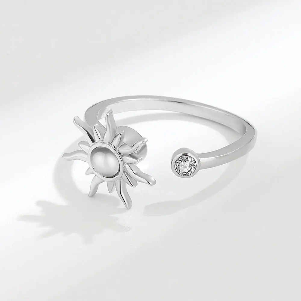 925 Sterling Silver Zircon Sunflower Spinner Rings for Women Adjustable Anti Stress Rings Fashion Party Gift silver ring silver rings rotating ring metal flower ring