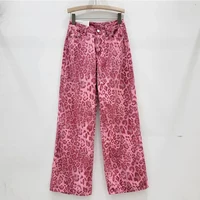 Women Fashion Pink Leopard Jeans Girls Baggy High Waist Casual Pants Female High Street Straight Leg Denim Trousers