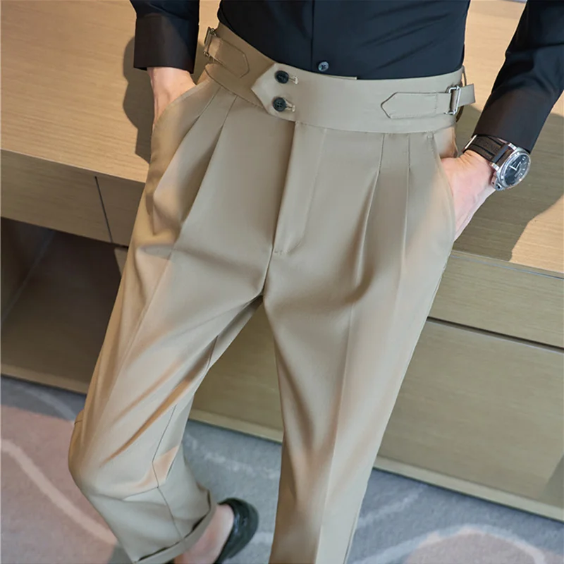 British Style Autumn Men High Waist Trousers Belt Design Slim Fit Suit Pants