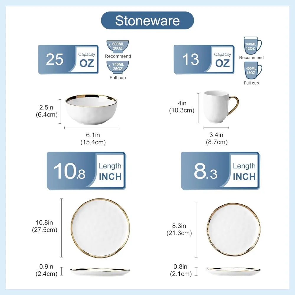 LOVECASA White and Gold Dinnerware Sets, Stoneware Dish Set for 4, 16 Piece Kitchen Plates and Bowls Sets, Handmade Dinner Set