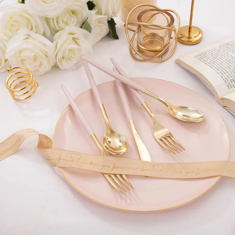 I00000 300 Pack Gold Plastic Silverware with Pink Handle, Pink Plastic Silverware Set, Kitchen Utensils- 100 Forks, 100 Kni