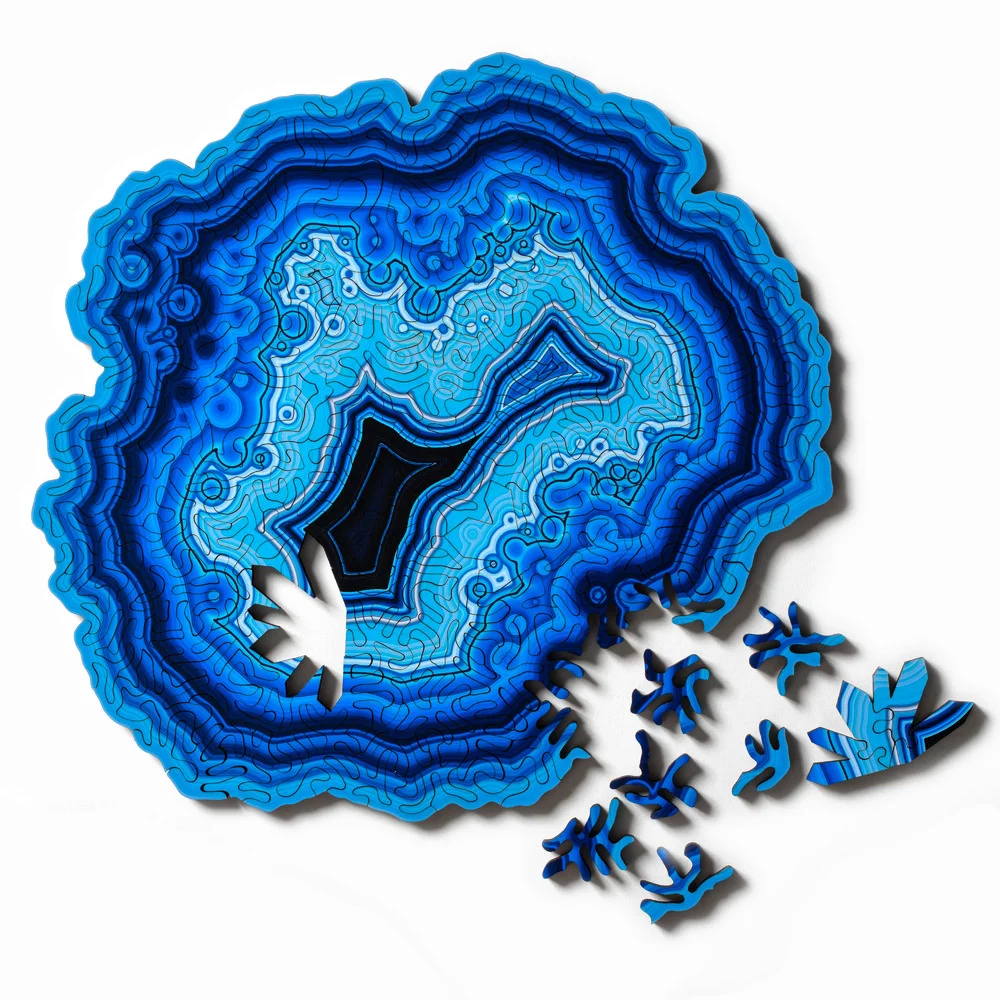 Blue Agate Irregular Shape Puzzle with Wood Box Difficulty Hell Level Wooden Agate Jigsaw Puzzle for Kids Wood Toys