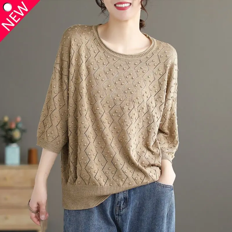 

Autumn and Winter Versatile Commuter Women's Clothing Fashion Hollow Out Round Neck Half Sleeve Solid Color Oversize Pullover