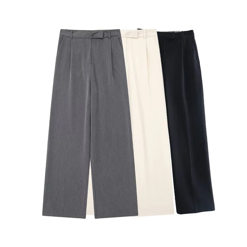 

Fashion Solid Wide Leg Pants Women Korean Casual High Waist Zipper Straight Suit Trousers Vintage Elegant Office Ladies Pants