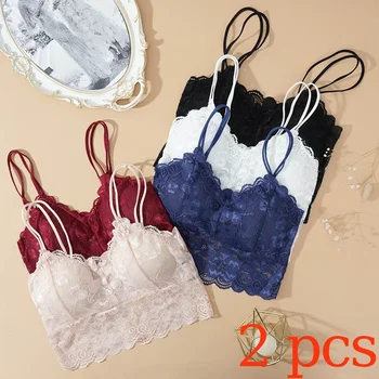 2Pcs Sexy Bra Women's Lace Bralette Floral Lingerie Underwear Wireless Padded Brassiere Seamless Ultra Strap Wire Free Bras Vest 1